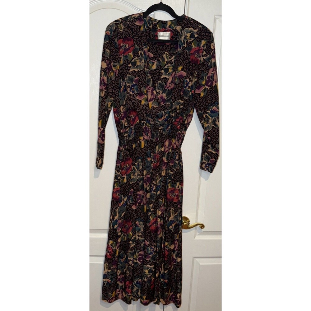 VTG Misty Lane Dark Floral Dress Midi Ruched Waist Fit & Flare Sz 11/12 Cottage